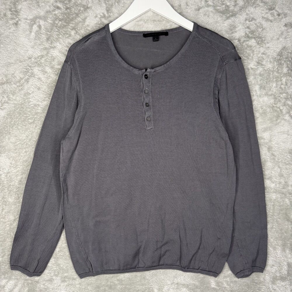John Varvatos Henley Sweater Mens Large Knit Crinkle Pigment Marble Gray Light